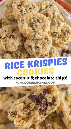 rice krispies cookies with coconut & chocolate chips on top and in the middle, are stacked on a white plate