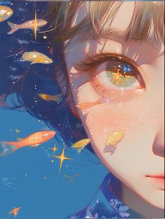 a girl with fish around her eyes looking up at the stars in the sky above her head