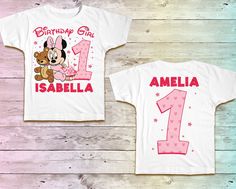 two children's birthday shirts with minnie mouse on them