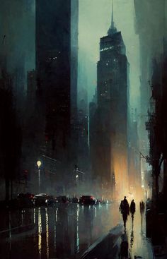 two people are walking down the street in the rain at night with tall buildings behind them