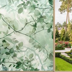 the view from inside an open window shows a formal garden with hedges and trees, and in front of a house