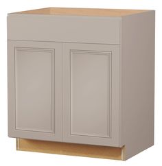 a gray cabinet with two doors on the front and one door open to reveal an empty drawer