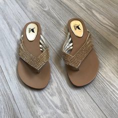 New Never Used Rhinestone Sandals By Sheikh. Size 6.5 Embellished Synthetic Toe Post Sandals, Gold Embellished Toe Post Sandals, Stone Embellished Round Toe Sandals For Summer, Gold Embellished Synthetic Sandals, Rhinestone Sandals, Women's Shoes Sandals, Shoes Sandals, Size 6, Women Shoes