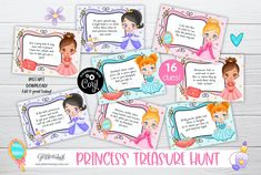 princess printables for birthday party or baby's first birthday with pictures and text