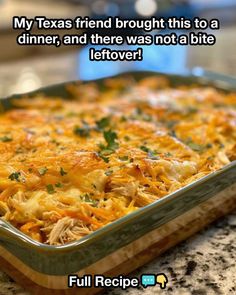 a casserole dish is shown with the caption'my texas friend brought this to a dinner, and there was not a bite leftover '