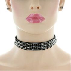 Choker Set Length: 13" Extension: 3" Width: 0.75" Earrings: 0.25" Glamorous Black Metal Jewelry, Glamorous Adjustable Metal Choker, Adjustable Glamorous Metal Choker, Trendy Black Crystal Jewelry, Adjustable Rhinestone Jewelry, Black Rhinestone Choker Jewelry, Adjustable Glamorous Evening Jewelry, Party Black Crystal Choker, Choker Set