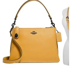 Top Zip Closures Removable Top Carry Handle; Removable, Adjustable Crossbody Strap Dual Compartments With Center Slip-Pocket Divider Interior Snap Pocket Logo-Jacquard Lining Leather Formal Yellow Shoulder Bag With Removable Pouch, Yellow Shoulder Bag For On-the-go, Classic Yellow Coach Bag, Formal Yellow Shoulder Bag With Adjustable Strap, Mustard Crossbody Shoulder Bag With Detachable Strap, Elegant Yellow Bag For On-the-go, Yellow Coach Shoulder Bag With Gold-tone Hardware, Classic Yellow Shoulder Bag With Removable Pouch, Mustard Crossbody Bag With Detachable Strap