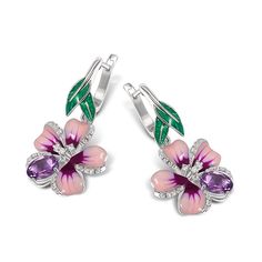 Creating a refreshing appeal with its delicate floral design, this pair of enamel earrings is a masterpiece in itself. These lovely earrings embody the youth of flowers and the freshness of spring. Pink and purple flowers and green enamel leaves are adorned with purple oval-cut stones and white round-cut stones in polished sterling silver. Pair it up with a pretty floral print dress and you're good to go for a happening day out or at a party.Carat Weight: 0.63 ctStone Shape: RoundStone Size: 1,1 Elegant Enamel Drop Flower Earrings, Spring Flower Enamel Earrings, Elegant Enamel Flower Earrings, Elegant Spring Flower Earrings With Floral Print, Elegant Floral Print Flower Earrings For Spring, Elegant Floral Print Earrings For Spring, Pink Flower-shaped Enamel Earrings, Pink Enamel Flower-shaped Earrings, Pink Flower Enamel Earrings