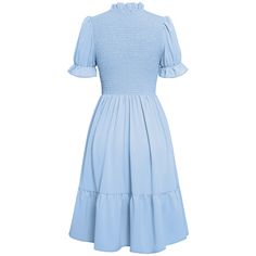 Light Blue Stand Neck Pleated Short Sleeve Dress Blue Solid Color Midi Dress For Daywear, Stand Neck, Pleated Shorts, Short Sleeve Dress, Mini Dresses, Women Dresses, Sleeve Dress, Dresses Mini, Short Sleeve Dresses