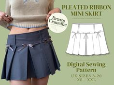 ☆ PDF Digital Sewing Pattern for Pleated Ribbon Mini Skirt ☆ This digital sewing pattern allows you to construct low-waisted pleated mini skirt with bow detailing. The skirt features a thick waistband, raw hem and belt loops and is fastened with a side zip. This pattern is suitable for beginner-intermediate sewers and will take approximately 5 hours to complete. Fairycore, balletcore, streetwear, Y2K vibes.  Purchase includes: Instruction document A4 Sized Print 2A0 Sized Print Letter Sized Prin Sewing Pattern Pleated Skirt, Skirt Pdf Pattern, Sew Pleated Skirt, Balletcore Streetwear, Skirt Patron, Y2k Sewing Pattern, Pleated Skirt Sewing Pattern, Pleated Skirt Sewing, Skort Sewing Pattern