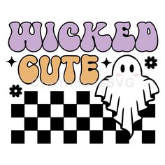 an image of a halloween saying with a ghost and checkerboard pattern in the background