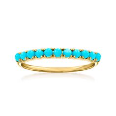 Ross-Simons - Turquoise Ring in 14kt Yellow Gold. Size 8. RS Pure. Modern designs that complete your outfit and complement your personality. Solo or stacked, this dainty ring packs a colorful punch! 2mm round stabilized turquoise cabochons make a bright statement along a simple 14kt yellow gold band. 1/16" wide. Turquoise ring. Flat Back Earrings, Fine Jewelery, Mixed Metal Jewelry, Turquoise Rings, Dainty Ring, Toe Rings, Turquoise Gemstone, Gold Band, Blue Stone