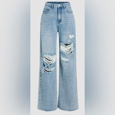 High Waisted Ripped Stretch Jeans. Wide Leg. Unfinished Hem. Very Comfortable. New. Never Worn. Wide Leg Jeans Ripped, Wide Leg Ripped Jeans, Ripped Wide Leg Jeans, Bell Bottom Jeans Outfit, Simple Outfits For School, High Waisted Distressed Jeans, Xmas 2024, Western Wear Outfits, Teen Outfits