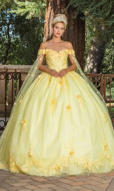 Yellow a-line quinceanera ball gown with off the shoulder straps, sweetheart neckline and bow. Quinceanera Dresses Yellow, Yellow Quinceanera Dress, Yellow Ballgown, Wolf Cuts, Quinceanera Themes Dresses, Yellow Wedding Dress, Sheer Cape, Magical Dress, Long Cape