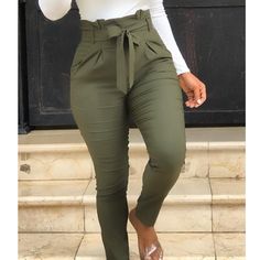 Solid Color Khaki Bottoms For Fall, Khaki Solid Color Bottoms For Fall, High Waist Khaki Bottoms Solid Color, High Waist Khaki Bottoms With Solid Color, High Waist Khaki Bottoms For Fall, Khaki High Waist Bottoms With Solid Color, Fitted Solid Color Bottoms For A Day Out, Casual High Waist Green Pants, High Waist Green Bottoms