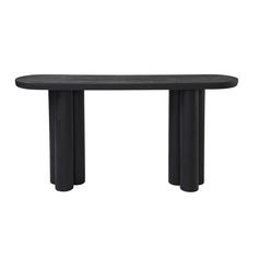 a black table sitting on top of a white floor next to a wooden pole with two legs