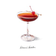 a painting of a cocktail in a coupe glass with a cherry garnish on the rim