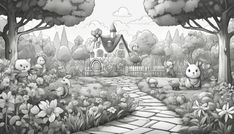 a black and white drawing of some animals in front of a house surrounded by trees