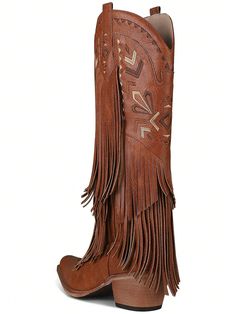 Experience the perfect blend of style and durability with our Vintage Western Fringe Cowgirl Boots. Made for women, these boots feature a stylish vintage design and sturdy construction, ensuring long-lasting wear. Elevate your western look with these timeless boots. Color : Brown Closure Type : Slip on Insole Material : Fabric Outsole Material : Rubber Casual Round Toe Boots For Country Events, Western Brown Lace-up Boots For Winter, Fall Season Moto Boots With Round Toe For Rodeo, Western Style Brown Lace-up Boots For Winter, Knee-high Boots For Ranch In Winter, Round Toe Moto Boots For Ranch In Winter, Fall Rodeo Boots With Round Toe, Bohemian Boots For Rodeo In Fall, Bohemian Rodeo Boots For Fall