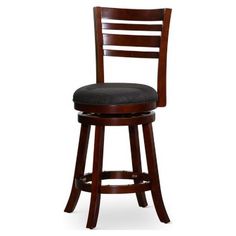 a wooden bar stool with a black seat and back cushion on an isolated white background