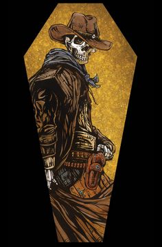 a painting of a skeleton wearing a cowboy hat