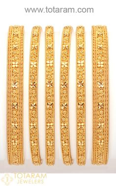 22K Gold Bangles - 6 bangles (3 pairs) Set - 235-GBL156 in 89.000 Grams 22 Karat Gold Jewelry, Indian Gold Jewellery Design, 22k Gold Bangles, Gold Bangles Indian, Gold Bangles For Women, Gold Bangle Set, 22k Gold Jewelry, Bangles Set, Yellow Gold Bangle