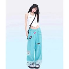 Wide Harajuku Y2K Pants - Pastel Kitten Blue Jeans Women, Female Pants, Estilo Harajuku, Pants Y2k, Rash Guard Swimwear, Y2k Pants, Women Belt, Custom Made Clothing, Straight Trousers