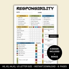 a printable daily planner with the words responisiity and hearts on it