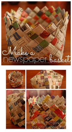 a basket made out of newspapers sitting on top of a wooden table with the words make a newspaper basket