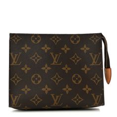 This is an authentic LOUIS VUITTON Monogram Toiletry Pouch 19. This small cosmetic pouch is crafted of classic Louis Vuitton monogram coated toile canvas in dark brown. The pouch features an over-extended top zipper that opens to a beige leather like interior. Luxury Brown Cosmetic Bag For Daily Use, Luxury Brown Cosmetic Bag With Removable Pouch, Luxury Brown Pouch With Zipper Closure, Travel Pouch In Brown Monogram Canvas, Brown Monogram Canvas Pouch For Travel, Travel Brown Monogram Canvas Pouch, Brown Monogram Canvas Travel Pouch, Designer Brown Monogram Canvas Pouch, Louis Vuitton Pouch