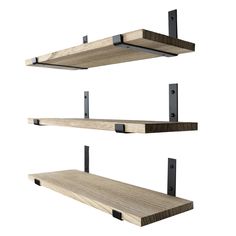 two wooden shelves with metal brackets on them