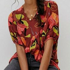 Brand New Anthropologie Maeve Beth Dolman-Sleeved Blouse Never Worn Viscose Dolman Sleeves V-Neck Pullover Styling Machine Wash Imported Dimensions: 20" Pit To Pit 25.25" In Length Casual Non-stretch Half Sleeve Tops, Chic Floral Print Top With Lantern Sleeves, Printed Tops For Day Out In Fall, Red Half Sleeve Summer Blouse, Multicolor Half-sleeve Blouse For Fall, Fall Season Printed Short Sleeve Blouse, Fall Printed Short Sleeve Blouse, Casual Floral Print Half Sleeve Tops, Red Non-stretch Top For Fall