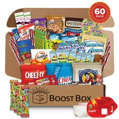 an open box filled with snacks and candy