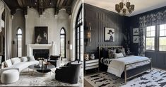 two different rooms with black and white decor on the walls, one in an old fashion style