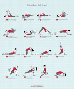 the yoga sequence for back pain is shown in red and white, with instructions on how to