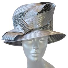 Elevate Your Fashion Game With This Stunning Church Hat From Swan Hat. This Dressy Piece Is A Must-Have For Any Lady Attending A Wedding, Party, Cocktail Or Any Formal Occasion. The Hat Is Made Of 100% Polyester, Making It Lightweight And Perfect For Any Season - Winter, Summer, Fall, Or Spring. The Hat Is Adorned With A Satin Ribbon, Strap, Bow, And Rhinestones To Add A Touch Of Elegance To Your Outfit. The 22.5-Inch Size Of The Hat Is Adjustable To Fit Comfortably On Your Head, And Its Vintage Fitted Lined Hats For Kentucky Derby, Fitted Hat With Short Brim And Lining, Elegant Fitted Lined Hats, Silver Church Hat For Spring, Silver Hat For Church In Spring, Fitted Lined Hats With Curved Brim, Silver Fitted Hat For Formal Occasions, Fitted Lined Hat With Curved Brim, Fitted Hats With Curved Brim And Lining