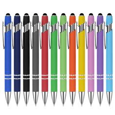 several different colored pens lined up in a row