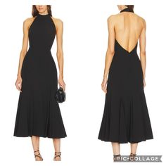 Milly Penelope High Neck Cady Dress Nwt Size 4 Open Back With Hidden Zipper Closure And Three Button Closure Behind The Neck. Milly Dresses, Milly Dress, Hidden Zipper, Open Back, High Neck, Black Dress, Size 4, Midi Dress, Womens Dresses