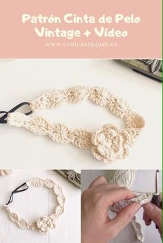 crocheted bracelets are being made using yarn and cotton, with text overlay that reads patten cinta de peo vintage + video