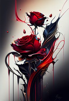 a red rose with black and white swirls on it's petals is shown in this artistic painting