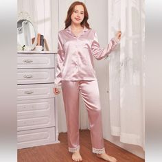 Pink Satin Button Down Shirt & Pants Home Wear Two Piece Set Satin Button Down Shirt, Home Wear, Shirt And Pants, Pink Satin, Two Piece Sets, Two Piece Set, Women's Intimates, Button Downs, Down Shirt