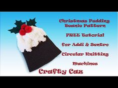 a knitted christmas pudding hat with holly leaves on top and the words, free pattern for