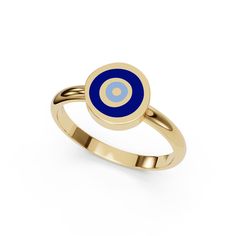 Indulge in the exquisite craftsmanship of our Gold Enamel Evil Eye Ring. Handmade with gold, this stunning ring features an enamel evil eye, adding a touch of color and protection to any outfit. Perfect for expressing your passion and unique style. Specifications Evil Eye Dimensions 8x9mm Material 14k Yellow Gold Enamel Vitreous - Cobalt Blue and Sky Blue