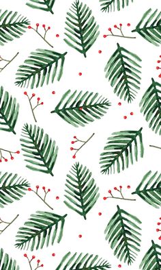 watercolor seamless christmas pattern with green leaves and red berries on white paper background