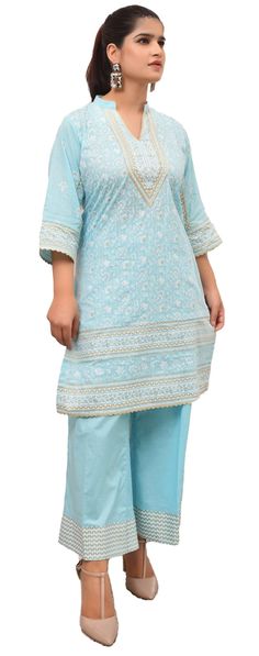 IshDeena Indian Kurta Set for Women: Cotton Fabric Light Blue Cotton Kurta For Summer, Summer Light Blue Cotton Kurta, Casual Festive Loungewear Set, Traditional Light Blue Sets For Summer, Traditional Light Blue Set For Summer, Traditional Light Blue Summer Set, Light Blue Fitted Sets, Fitted Light Blue Set For Beach, Fitted Light Blue Sets For Beach