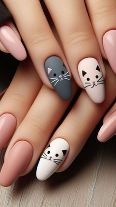 Almond Nails Cat Design, Nail Designs With Cats, Cats Nails Design, Nail Cat Design, Nails With Cat Designs, Nail Art For Almond Shaped Nails, Gel Almond Nails Ideas, Nail Ideas Cat, Cat Nail Designs Cute