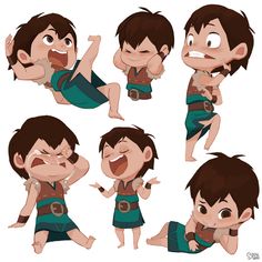 various poses of a boy with different facial expressions and body parts, including the head, shoulders, arms, legs