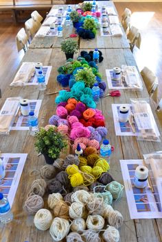 the table is covered with yarn and crochet