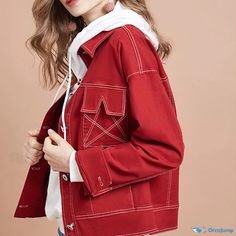 OrcaJump - Stylish Crimson Denim Jacket Red Winter Denim Jacket, Red Cotton Denim Jacket For Streetwear, Casual Red Cotton Outerwear, Red Denim Jacket For Winter, Red Long Sleeve Denim Jacket For Streetwear, Casual Red Denim Jacket For Streetwear, Casual Red Denim Outerwear, Casual Red Long Sleeve Denim Jacket, Casual Red Denim Jacket With Pockets