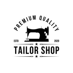 the tailor shop logo is black and white with an old fashioned sewing machine on it